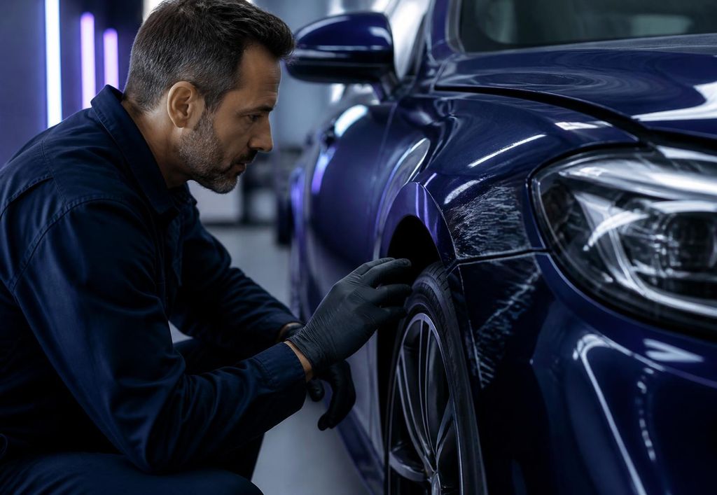 Technicien carrossier examinant l’aile avant endommagée d’une voiture dans un atelier de carrosserie